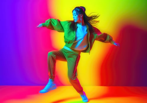 AI Generated Woman dancing on vibrant background photo