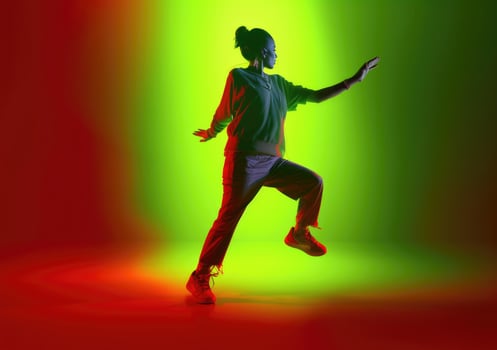 AI Generated Woman dancing on vibrant background photo