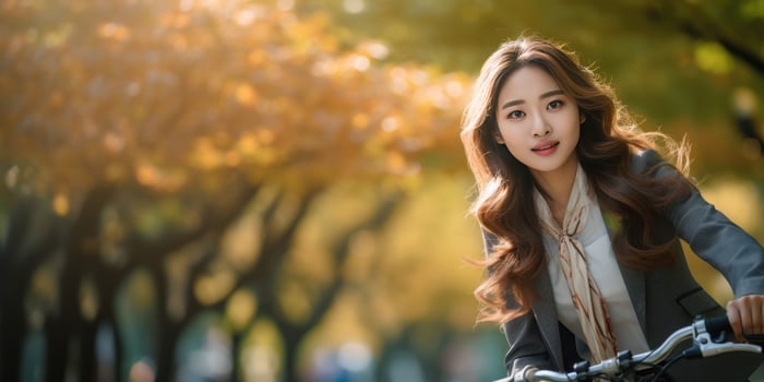 AI generated Elegant office-style Asian girl on bike. AI generative. photo