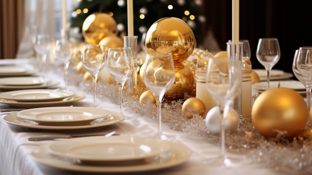 AI generated Christmas table decorations in gold. photo
