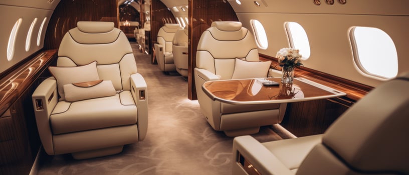 AI generated Luxurious private jet interior, leather seats, plush upholstery. AI generative. photo