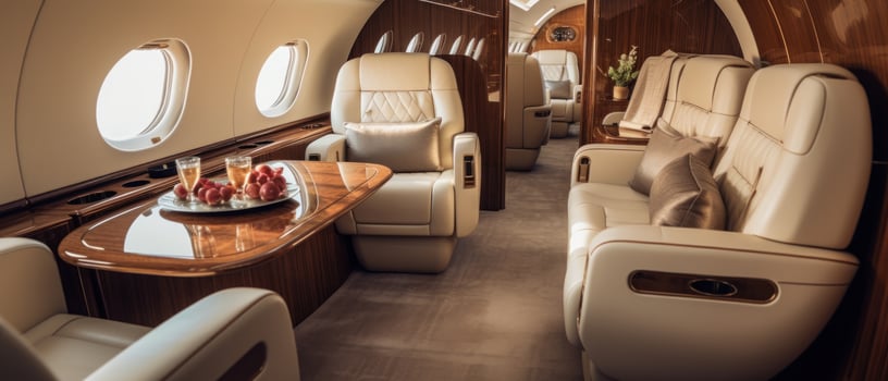 AI generated Luxurious private jet interior, leather seats, plush upholstery. AI generative. photo