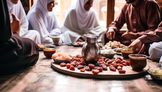 AI generated Muslim people praying and eating during Eid al-Fitr celebration. photo