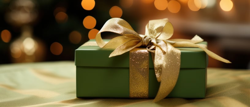 AI generated Green gift box with gold ribbon, festive Christmas setting. AI generative. photo