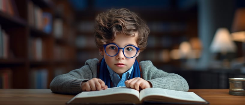 AI generated Young reader in sweater and glasses, absorbed in enchanting story,. AI generative. photo