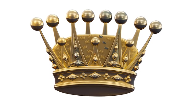 3D render of golden king crown isolated on white background photo
