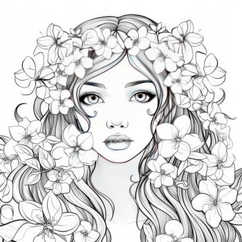 AI generated A girl on a coloring book page with Jasmine flowers. AI Generated photo