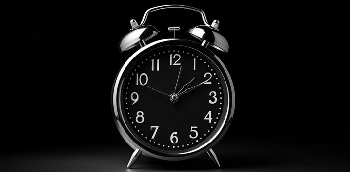 AI Generated Black round old alarm clock on black background photo