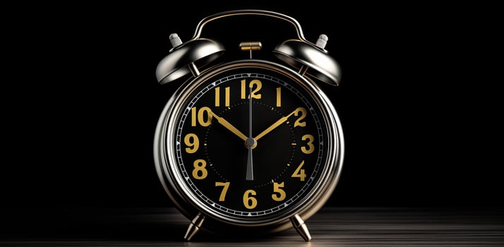 AI Generated Black round old alarm clock on black background photo