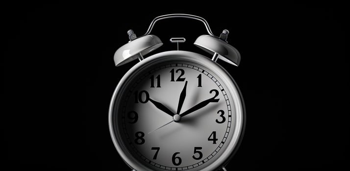 AI Generated Black round old alarm clock on black background photo