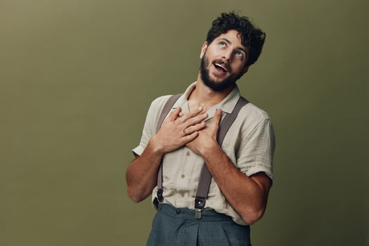 Gesture man smile cool face beard cheerful handsome happy background young male attractive guy photo