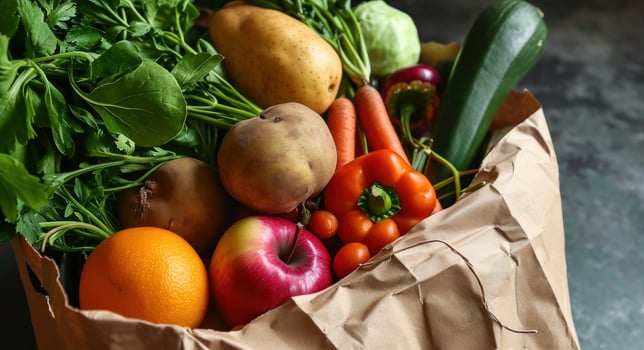 AI generated the fruits and vegetables in the brown paper bag photo