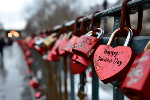 AI generated Padlock in shape of a heart on a fence among many other padlocks. Valentines Day, love and relationship concept. Generative Ai photo