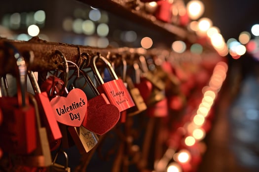AI generated Padlock in shape of a heart on a fence among many other padlocks. Valentines Day, love and relationship concept. Generative Ai photo