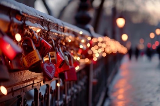 AI generated Padlock in shape of a heart on a fence among many other padlocks. Valentines Day, love and relationship concept. Generative Ai photo