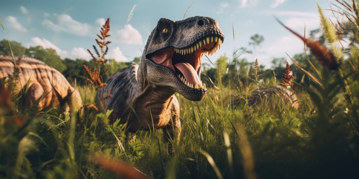 AI generated Majestic T-rex amidst dense foliage. AI generative. photo