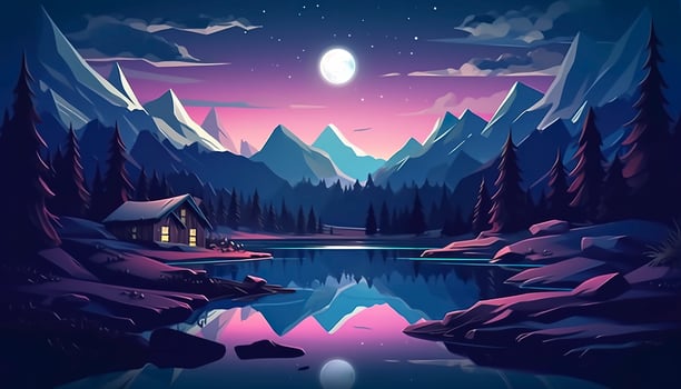 AI generated Moonlight mountain scene, house beside a lake. AI Generative photo