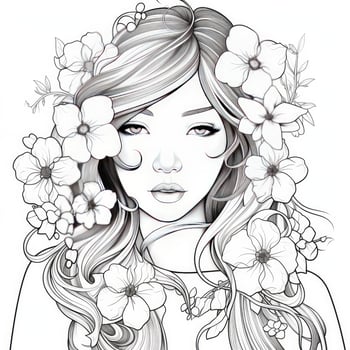 AI generated A girl on a coloring book page with Jasmine flowers. AI Generated photo
