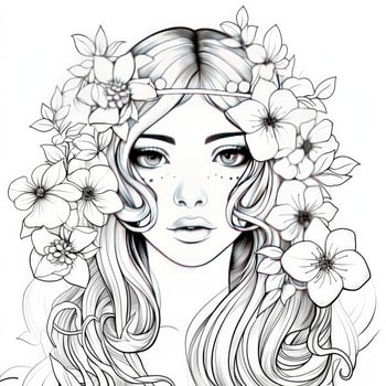 AI generated A girl on a coloring book page with Jasmine flowers. AI Generated photo