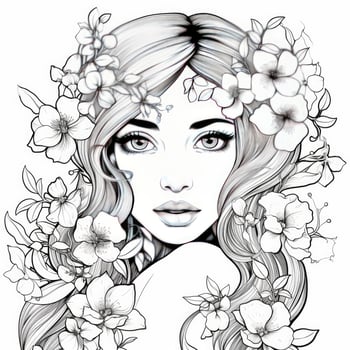 AI generated A girl on a coloring book page with Jasmine flowers. AI Generated photo