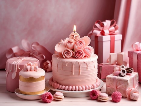 AI generated delicate delicious pink cakes and pies for Valentine's Day photo