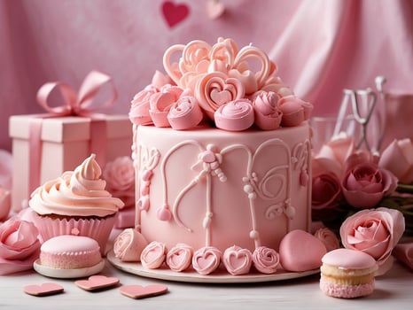 AI generated delicate delicious pink cakes and pies for Valentine's Day photo
