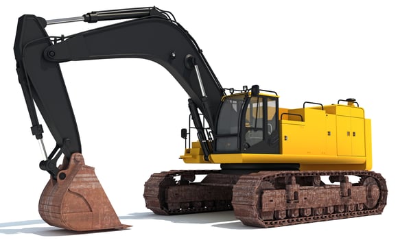 Excavator heavy construction machinery 3D rendering on white background photo