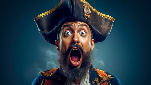 AI Generated pirate, complete with a large, ornate tricorn hat adorned with a symbol. The pirate's wide-eyed, open-mouthed expression suggests shock or amazemen photo
