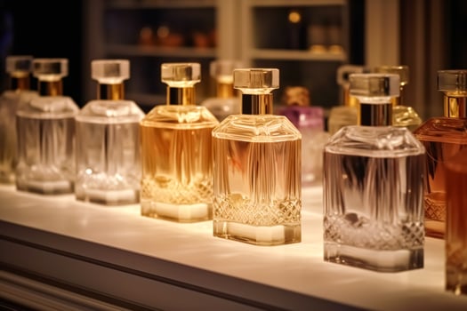 AI generated Luxury fragrance bottles at perfume scent at presentation event, bespoke perfumery and beauty product sale, generative ai photo