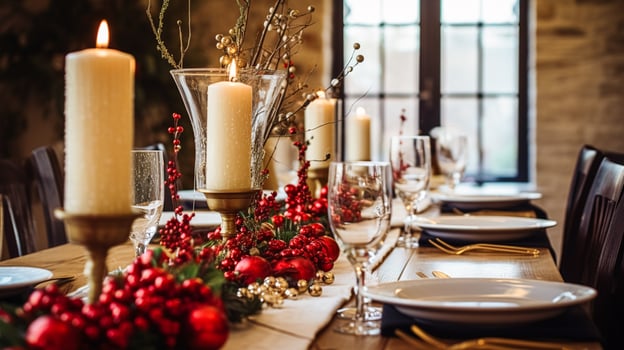 AI generated Holiday table decor, Christmas holidays celebration, tablescape and dinner table setting, English country decoration and home styling photo