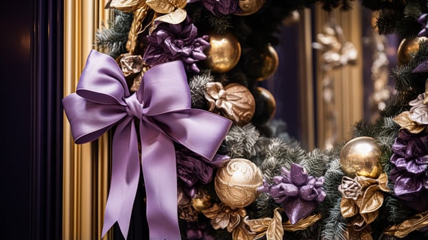 AI generated Christmas decoration details on English styled luxury high street city store door or shopping window display, holiday sale and shop decor photo