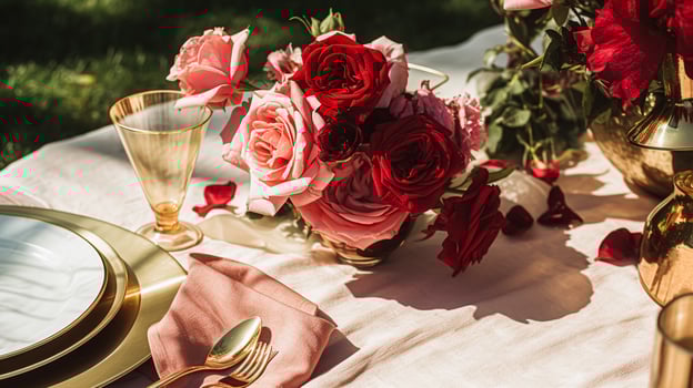 AI generated Wedding and event celebration tablescape with flowers, formal dinner table setting with roses and wine, elegant floral table decor for dinner party and holiday decoration, home styling photo