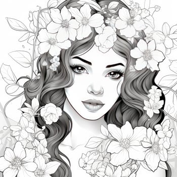 AI generated A girl on a coloring book page with Jasmine flowers. AI Generated photo