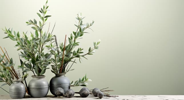 AI generated brushes and leaves of a green plant on a grayish background, photo