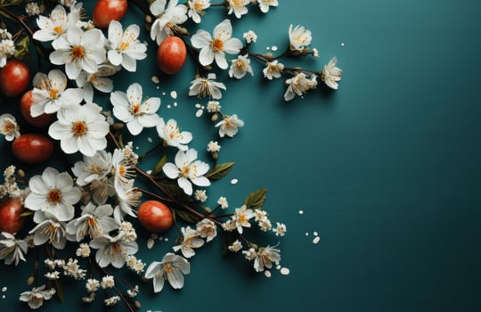 AI generated easter eggs on a green board with flowers easter photo