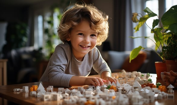 AI generated happy family man with his son playing on the table photo
