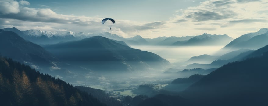 AI generated two parachuting paragliders fly past a foggy mountain photo