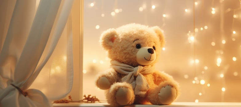 AI generated a bear sits by the window with star lights, photo