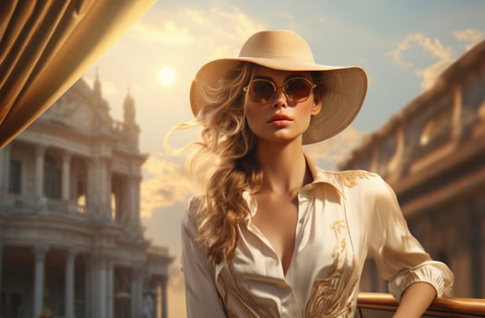 AI generated a beautiful lady is wearing sunglasses standing on the deck of a boat, photo
