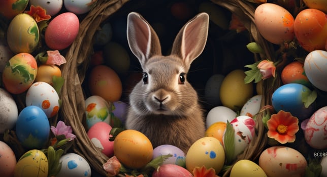 AI generated a bunny sitting in colorful eggs surrounding him photo