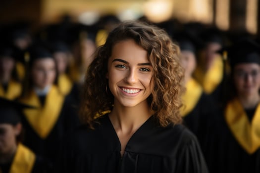 AI generated a female graduate smiling among graduation graduates photo