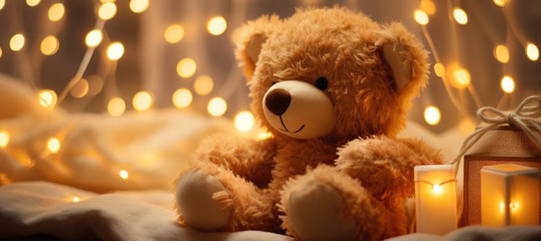 AI generated a sleeping teddy bear sits in the window near a string lights, photo