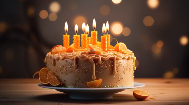 AI generated an orange birthday cake that has five candles on top photo