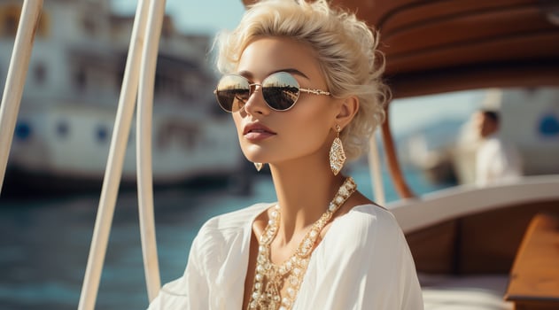 AI generated beautiful blonde woman wearing white clothing in sunglasses on a yacht, photo