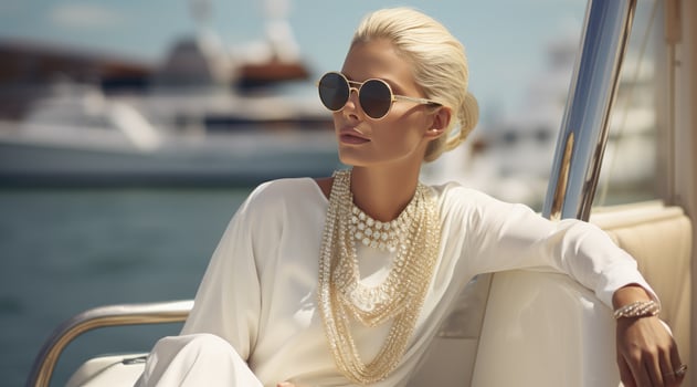 AI generated beautiful blonde woman wearing white clothing in sunglasses on a yacht, photo