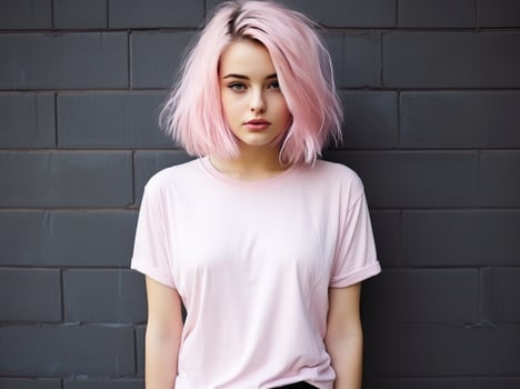 AI generated beautiful young woman with pink hair posing in black tshirt girl with pink hair photo