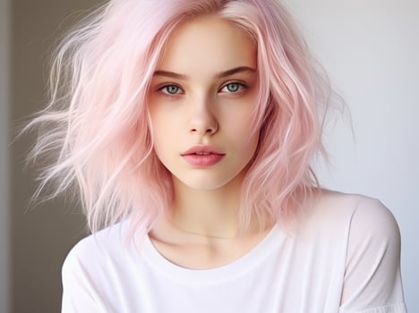AI generated beautiful young woman with pink hair posing in black tshirt girl with pink hair photo