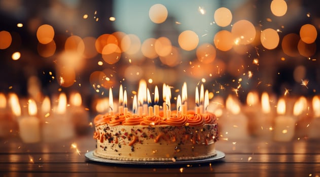 AI generated birthday cake with lots of candles on gold plate photo