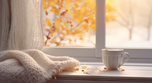 AI generated christmas morning with a cup on a window sill with winter trees photo