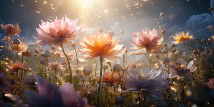 AI generated colorful flowers and light rays in the background photo